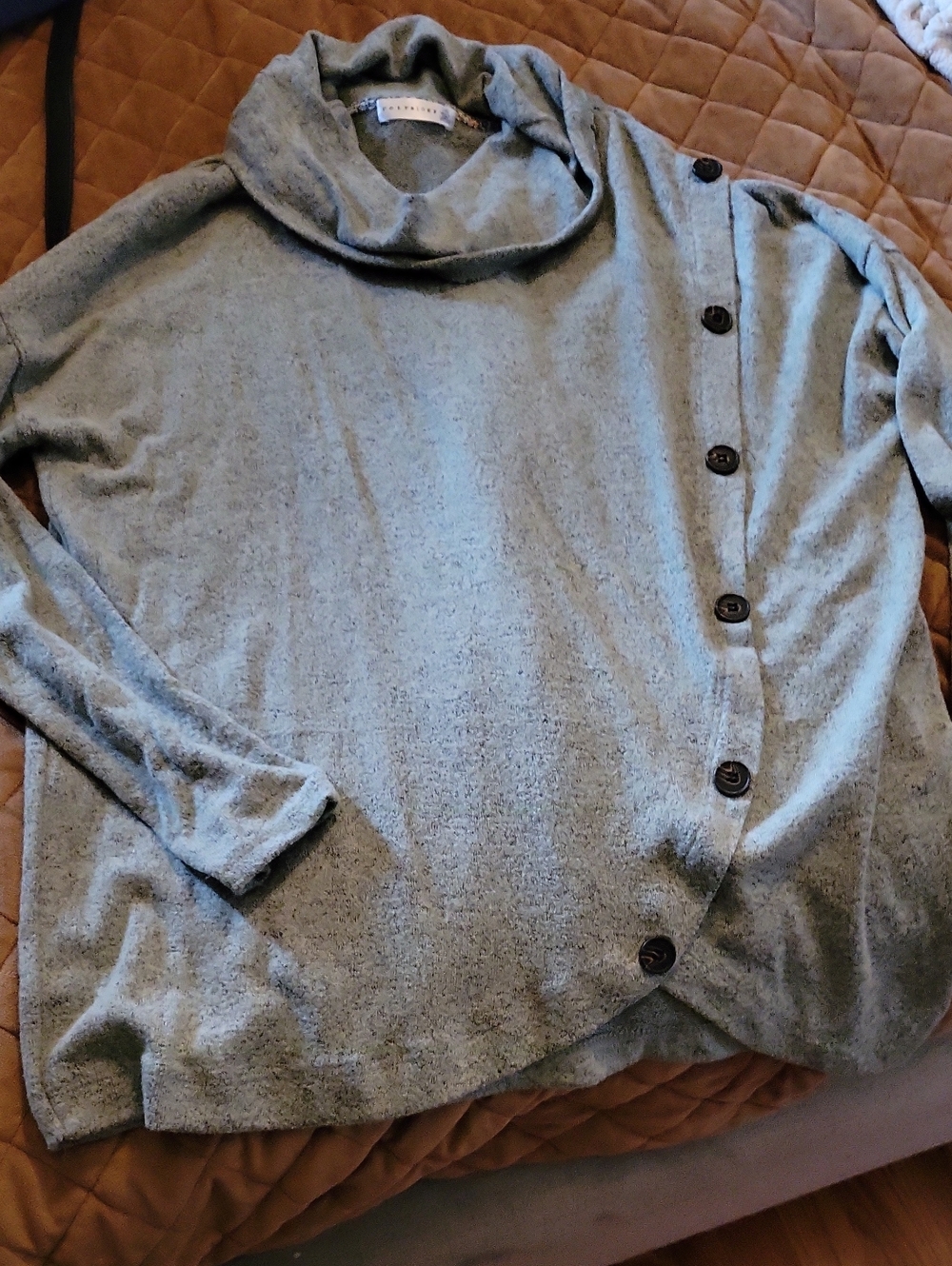 Cozy Light Gray Button-Accent Cowl Neck Sweater